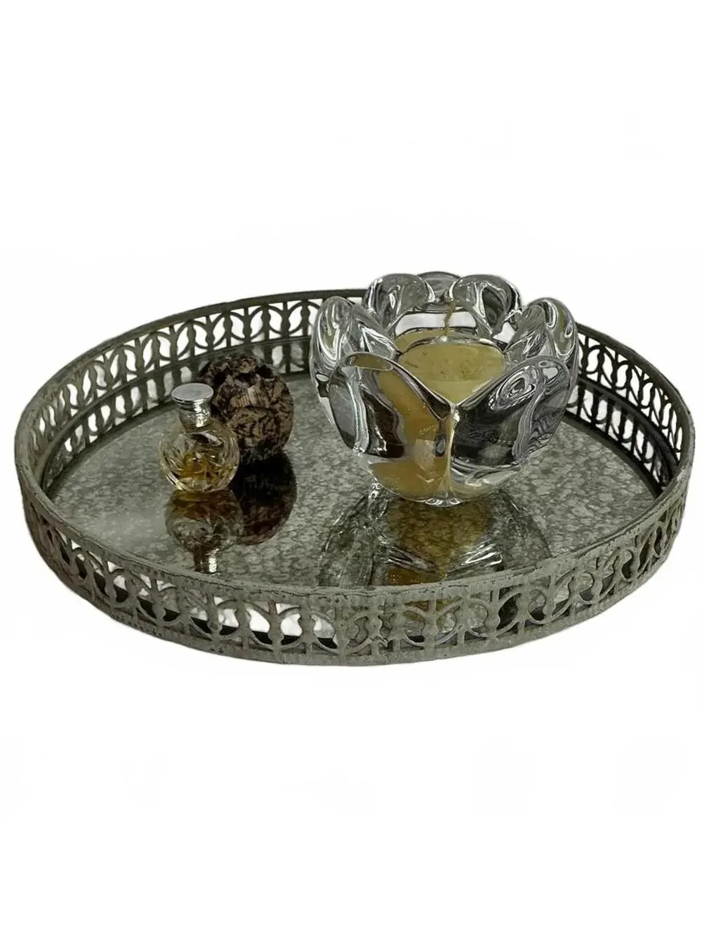 10” Vintage Vanity Antique Lattice Edge Gray Mirror Tray
